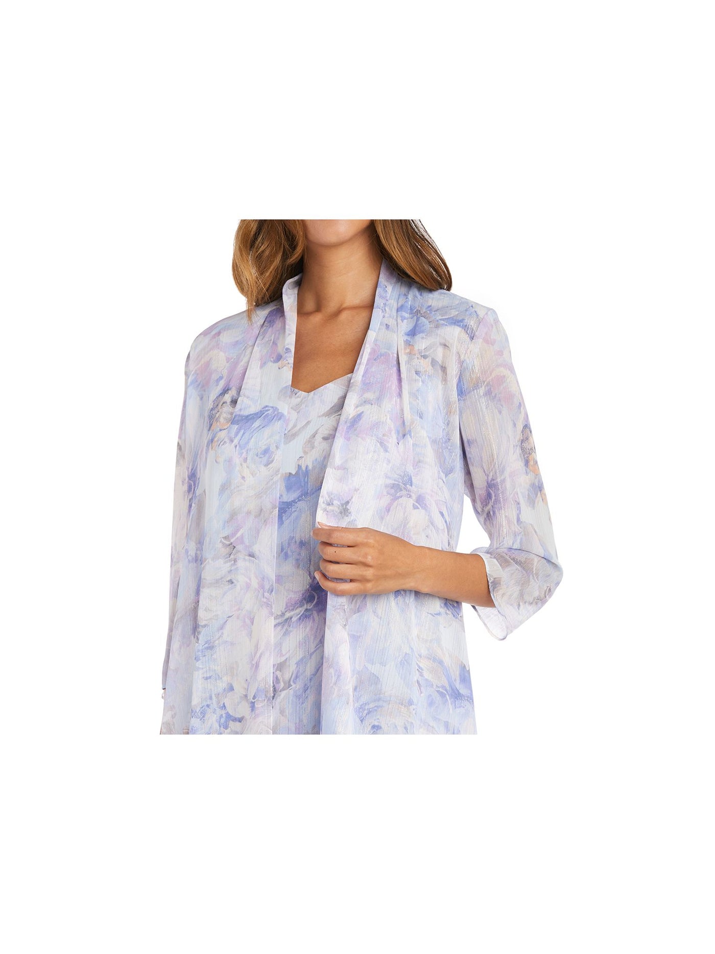 R&M RICHARDS Womens Purple Sheer Floral 3/4 Sleeve Open Front Party Waterfall Cardigan 6