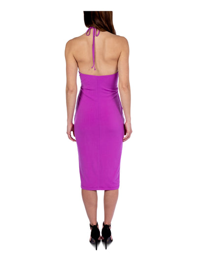 B DARLIN Womens Purple Cut Out Tie Lined Open Back Sleeveless Halter Midi Party Sheath Dress 3\4