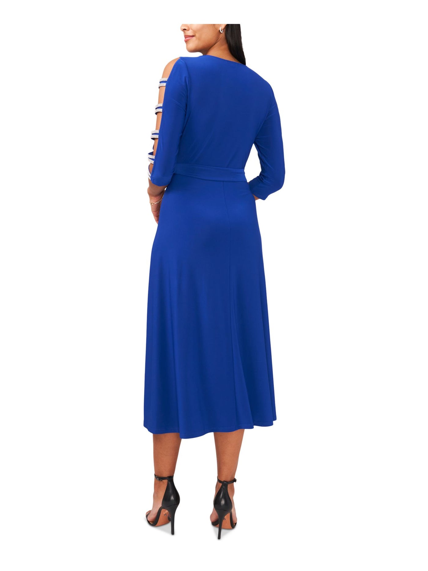 MSK Womens Blue Rhinestone Unlined Pullover Tie Belt Ladder Trim 3/4 Sleeve V Neck Midi Wear To Work Fit + Flare Dress S