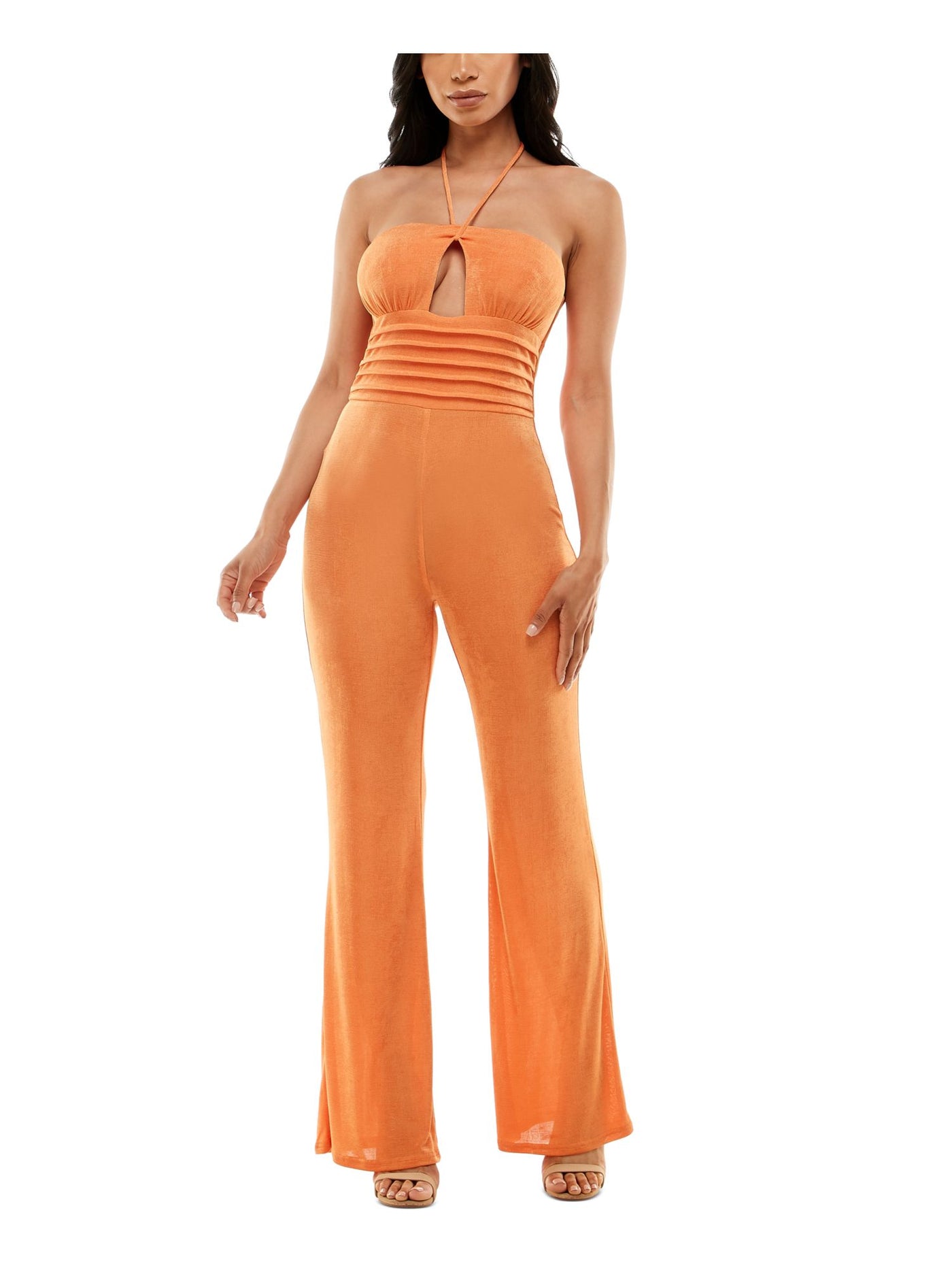 BEBE Womens Orange Cut Out Zippered Pleated Tie Spaghetti Strap Halter Cocktail Flare Jumpsuit M