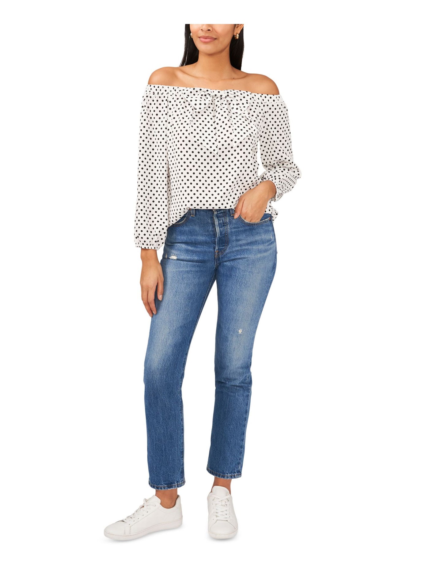 RILEY&RAE Womens White Polka Dot Long Sleeve Off Shoulder Top L