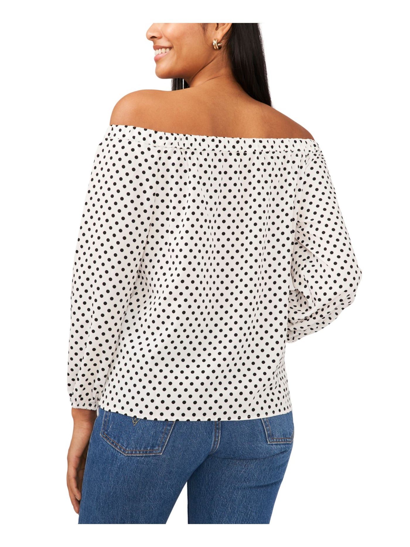 RILEY&RAE Womens White Polka Dot Long Sleeve Off Shoulder Top L