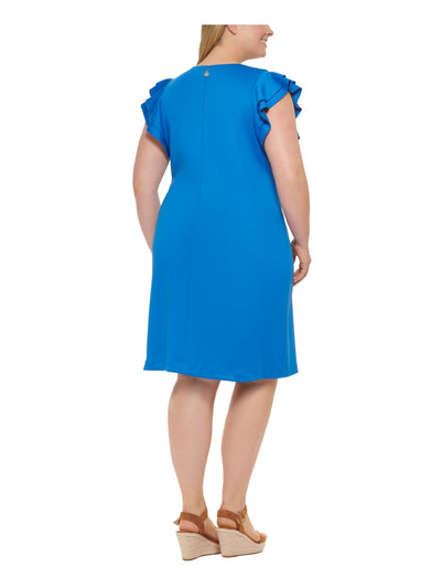 TOMMY HILFIGER Womens Blue Stretch Zippered Fitted Flutter Sleeve Jewel Neck Knee Length Wear To Work Sheath Dress Plus 22W