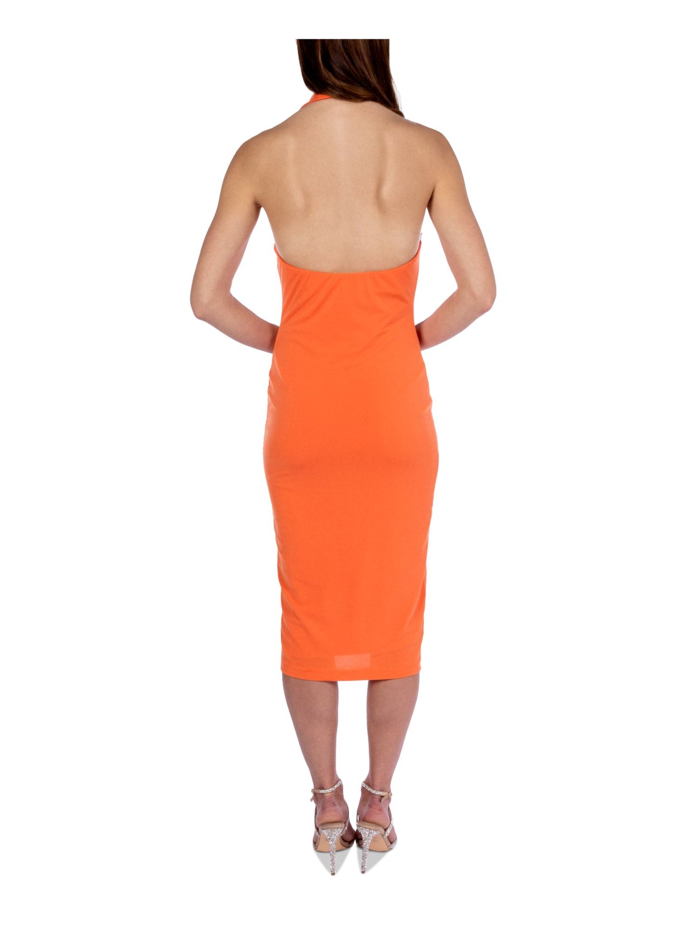B DARLIN Womens Orange Cut Out Pullover Collared Lined Sleeveless Halter Midi Party Body Con Dress Juniors XXS