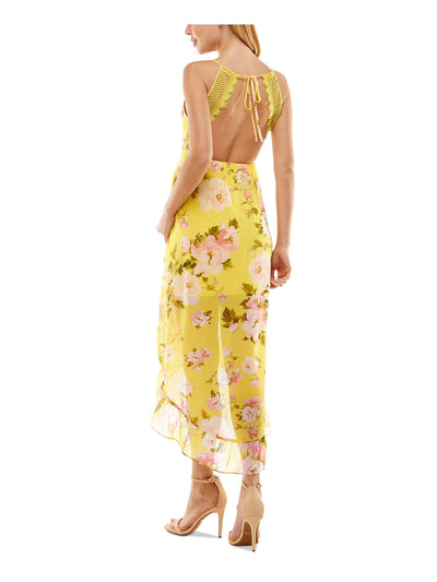 CITY STUDIO Womens Yellow Sheer Open Back Tie Lined Crochet Trim Hi-lo Hem Floral Spaghetti Strap V Neck Midi Empire Waist Dress M