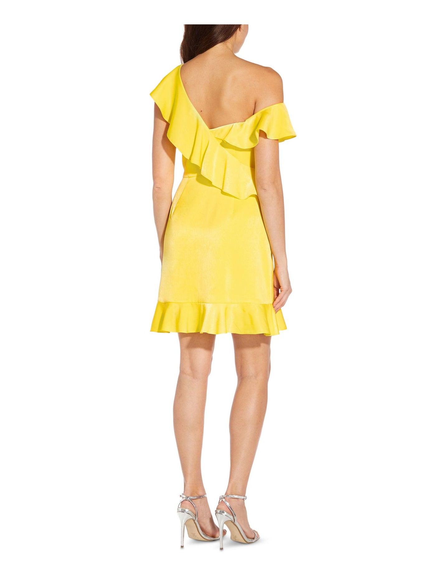 AIDAN AIDAN MATTOX Womens Yellow Ruffled Zippered Lined Flutter Sleeve Asymmetrical Neckline Above The Knee Party A-Line Dress 6