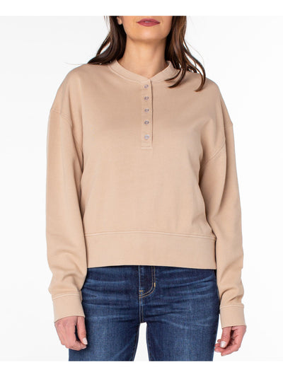 EARNEST SEWN NEW YORK Womens Beige Ribbed Henley Pullover Long Sleeve Crew Neck Top M