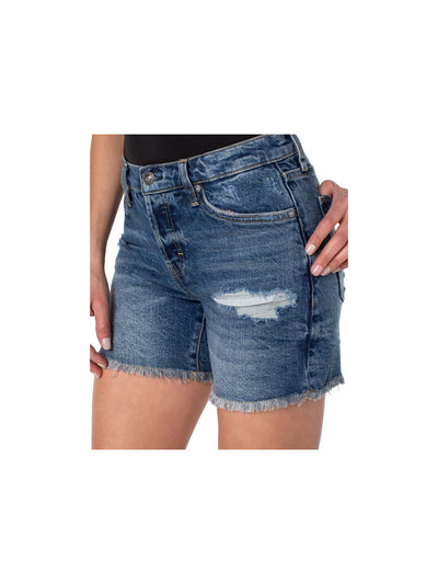 EARNEST SEWN NEW YORK Womens Blue Denim Pocketed Distressed Button Fly Frayed Hem Shorts Shorts 34