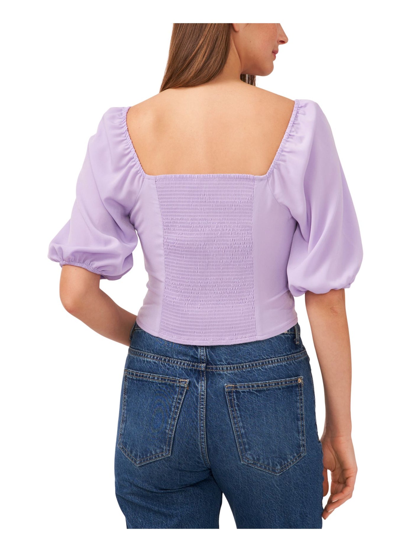 RILEY&RAE Womens Purple Smocked Pullover Unlined Square Back Pouf Sleeve Sweetheart Neckline Top XS