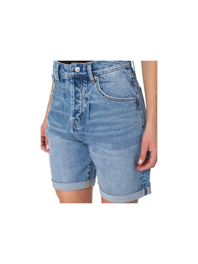 EARNEST SEWN NEW YORK Womens Blue Denim Pocketed Pleated Rolled Cuffs Button Fly High Waist Shorts 28