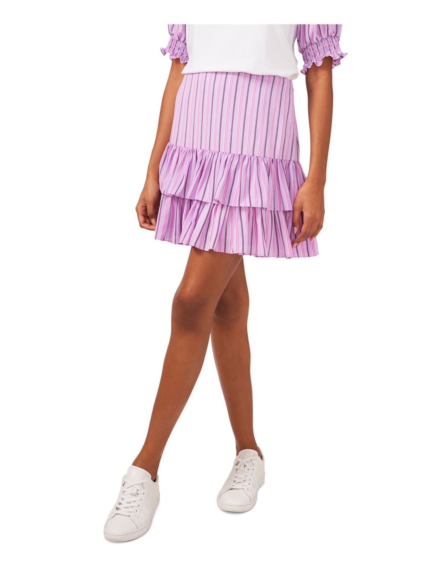 RILEY&RAE Womens Purple Smocked Lined Pull On Striped Short Ruffled Skirt L