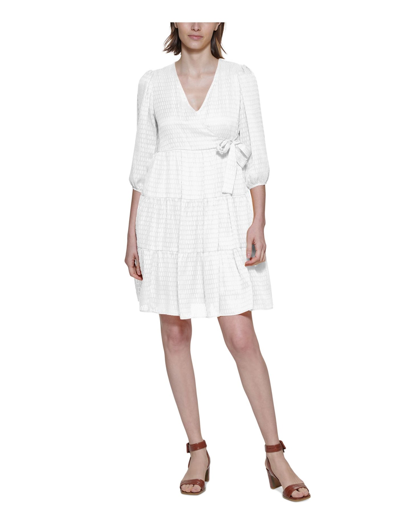 calvin klein a line dress Calvin Klein Womens White Sheer Metallic Tie Faux-wrap Styling Tiered 3/4 Sleeve V Neck Above The Knee A-Line Dress 4