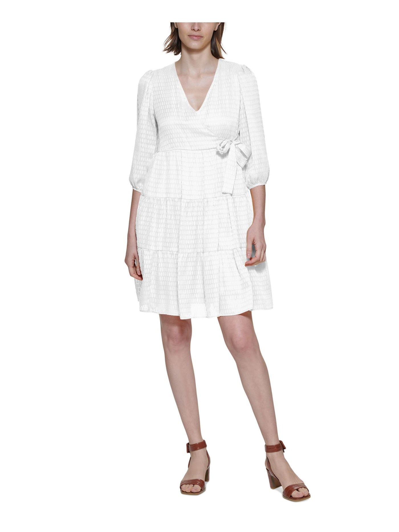 CALVIN KLEIN Womens White Sheer Metallic Tie Faux-wrap Styling Tiered 3/4 Sleeve V Neck Above The Knee A-Line Dress 14
