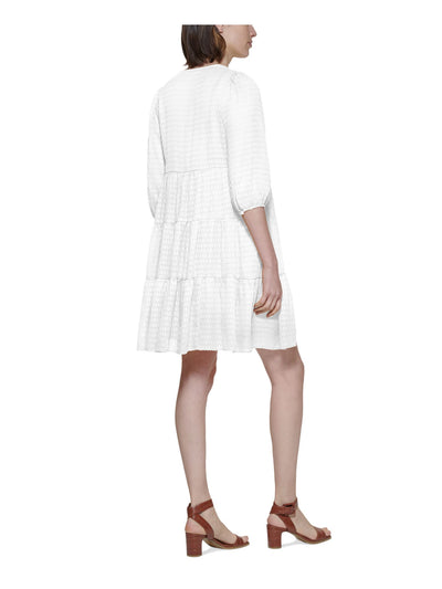 CALVIN KLEIN Womens White Sheer Metallic Tie Faux-wrap Styling Tiered 3/4 Sleeve V Neck Above The Knee A-Line Dress 14