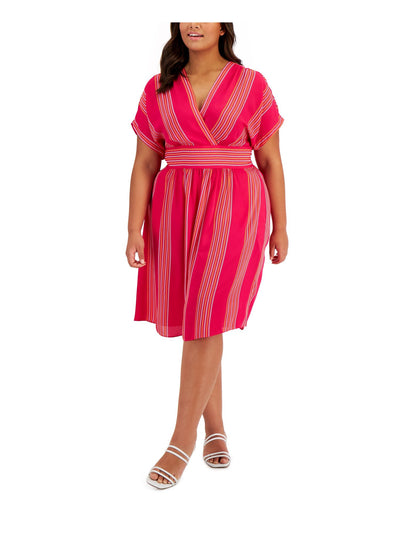 ANNE KLEIN Womens Pink Printed Short Sleeve Surplice Neckline Knee Length Fit + Flare Dress 16W
