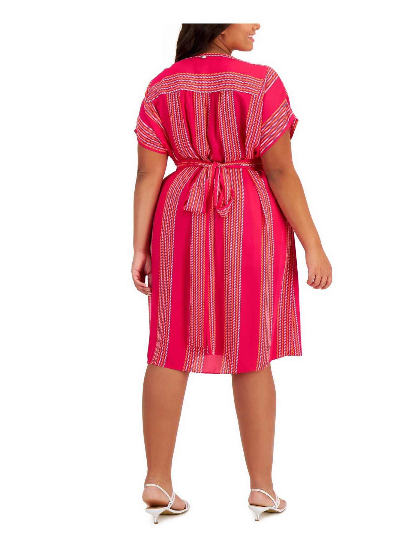 ANNE KLEIN Womens Pink Printed Short Sleeve Surplice Neckline Knee Length Fit + Flare Dress 16W