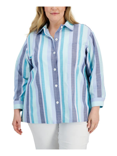 ANNE KLEIN Womens Blue Pocketed Slitted Shacket Striped Cuffed Sleeve Point Collar Button Up Top Plus 2X