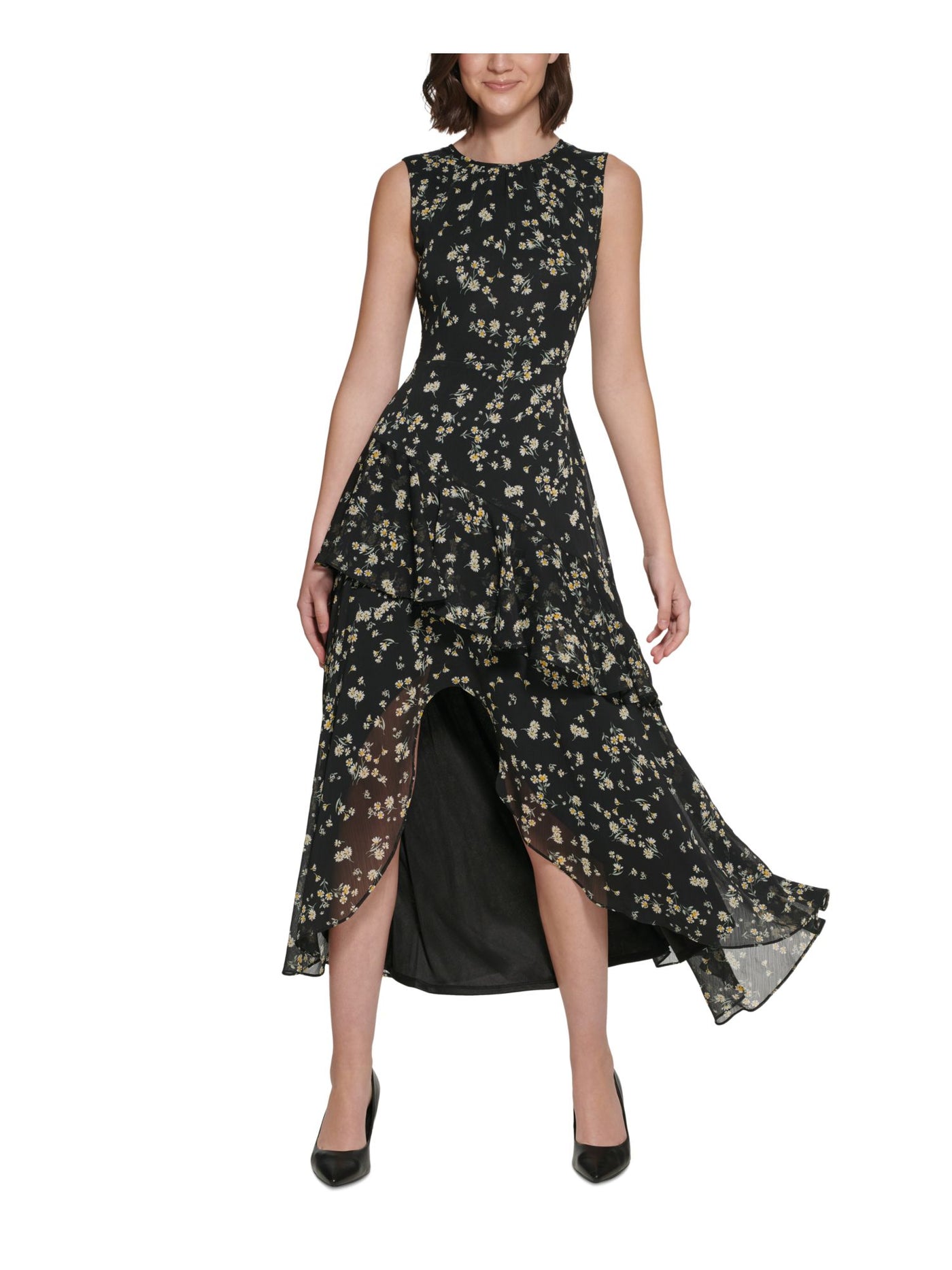 KARL LAGERFELD PARIS Womens Black Zippered Ruffled Hi-lo Hem Lined Floral Sleeveless Round Neck Maxi Fit + Flare Dress 14