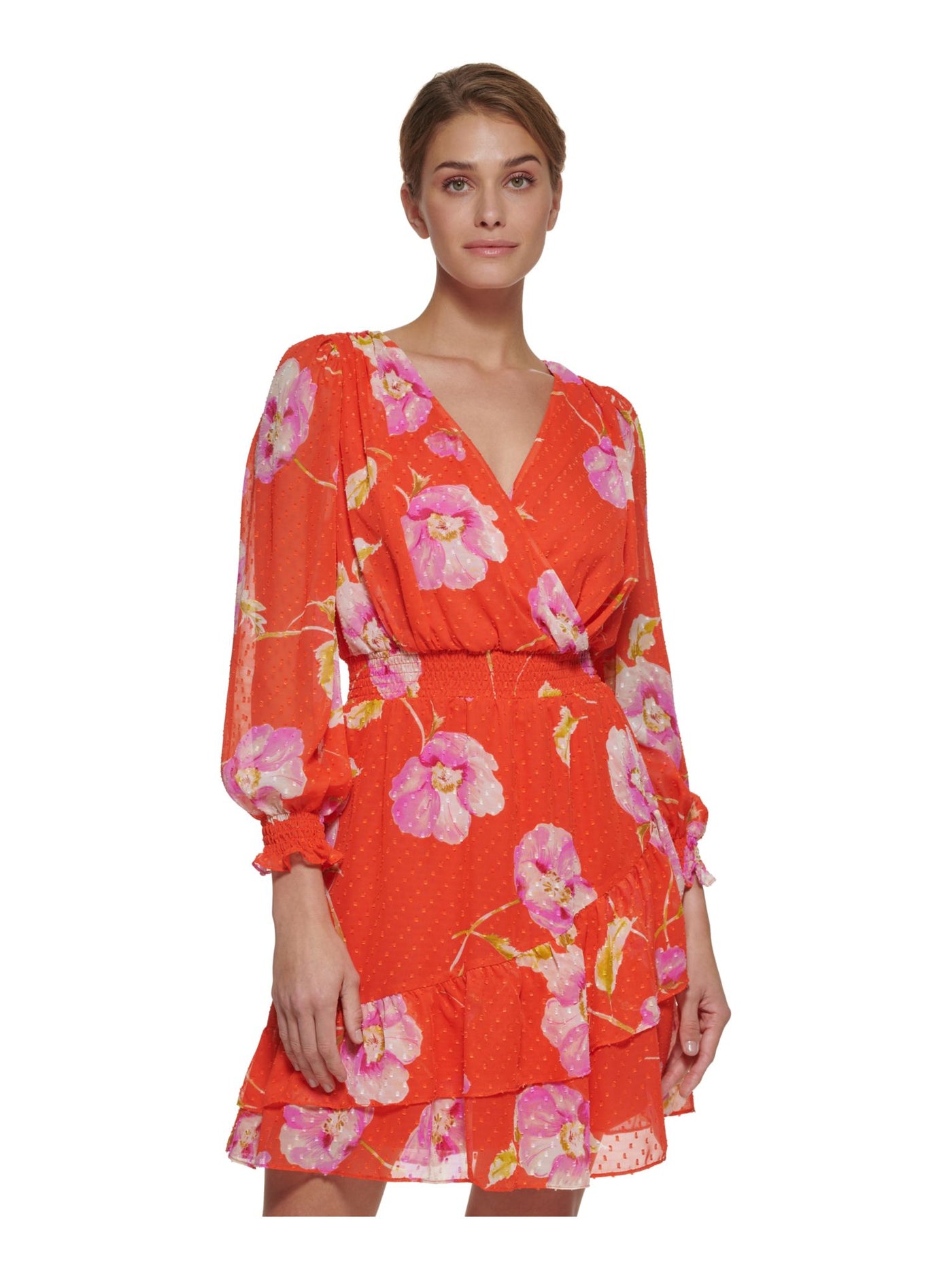 DKNY Womens Orange Zippered Smocked Tiered Skirt Lined Floral 3/4 Sleeve V Neck Short Party Fit + Flare Dress 10