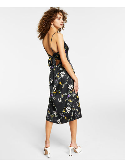 HIPPIE ROSE Womens Black Slitted Gathered Tie Back Floral Spaghetti Strap V Neck Midi Party Fit + Flare Dress Juniors S
