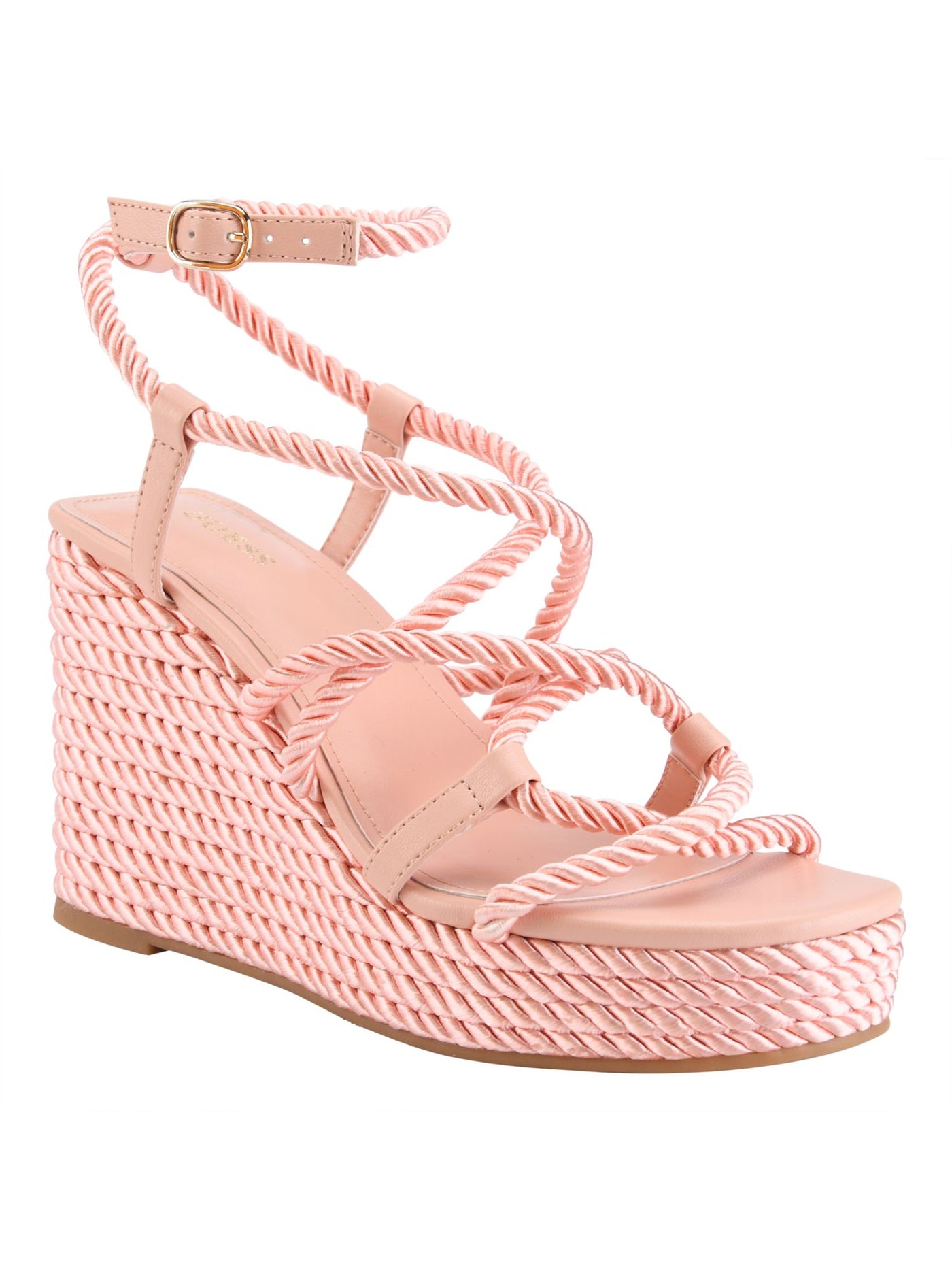 GUESS Womens Pink Textured Rope Wrapped 1" Platform Padded Adjustable Ankle Strap Natesha Round Toe Wedge Buckle Heeled Sandal 6.5 M