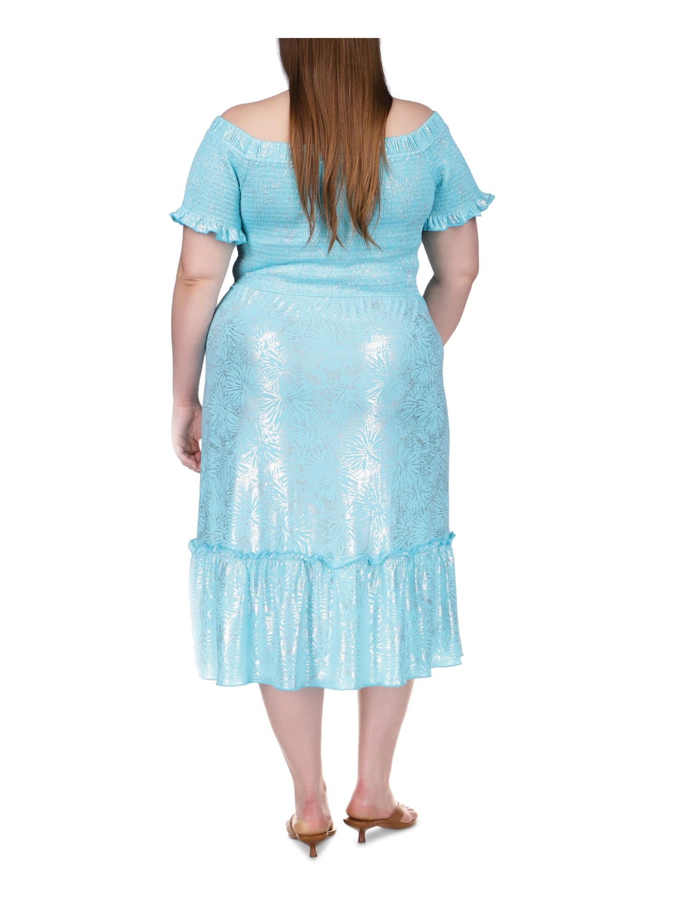 MICHAEL KORS Womens Aqua Smocked Ruffled Drawstring Waist Unlined Printed Short Sleeve Off Shoulder Midi Shift Dress Plus 3X