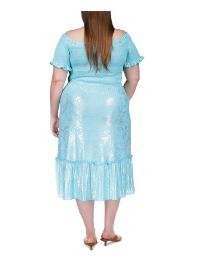 MICHAEL KORS Womens Turquoise Smocked Ruffled Drawstring Waist Unlined Printed Short Sleeve Off Shoulder Midi Shift Dress Plus 0X