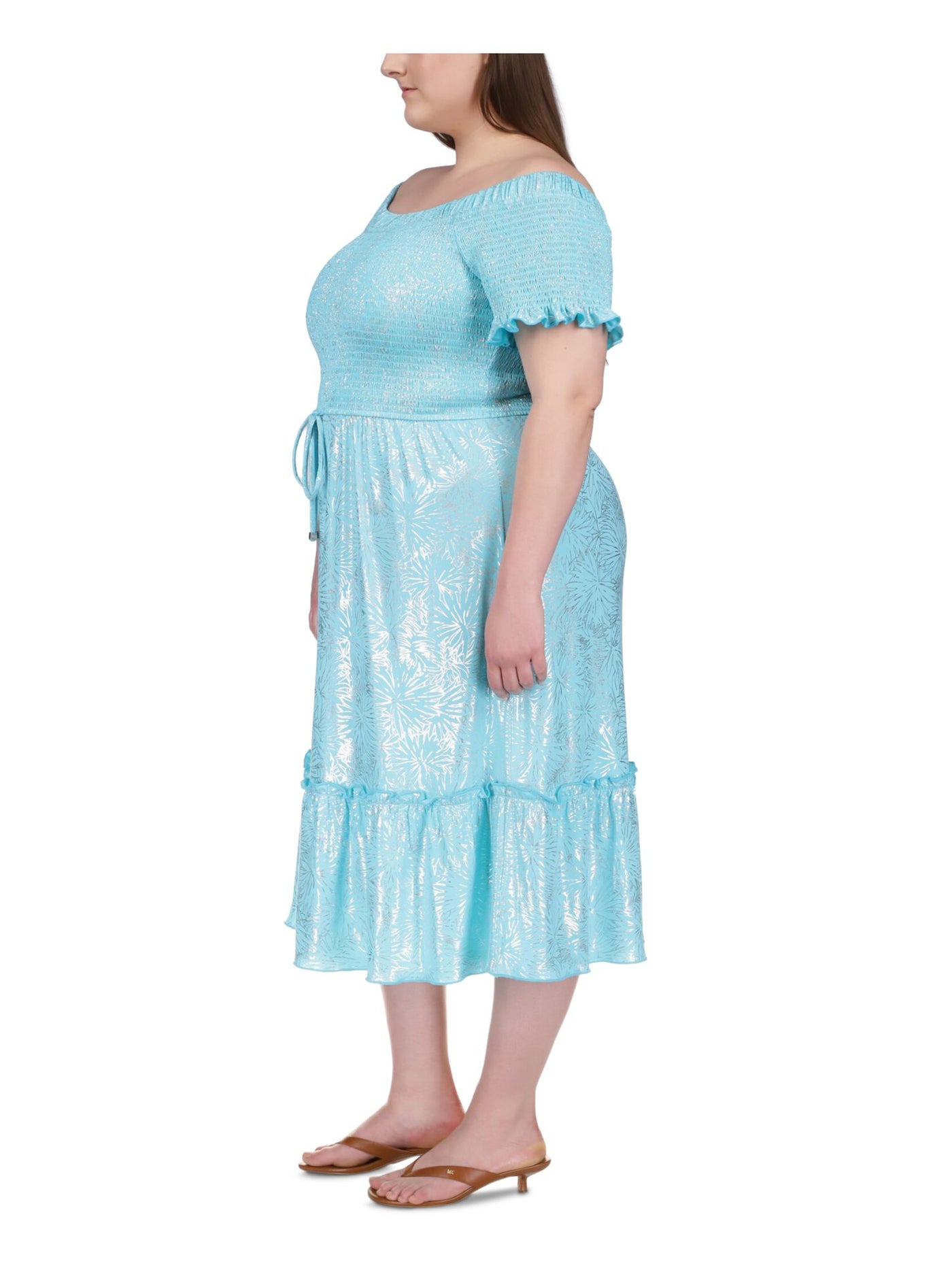 MICHAEL KORS Womens Turquoise Smocked Ruffled Drawstring Waist Unlined Printed Short Sleeve Off Shoulder Midi Shift Dress Plus 0X