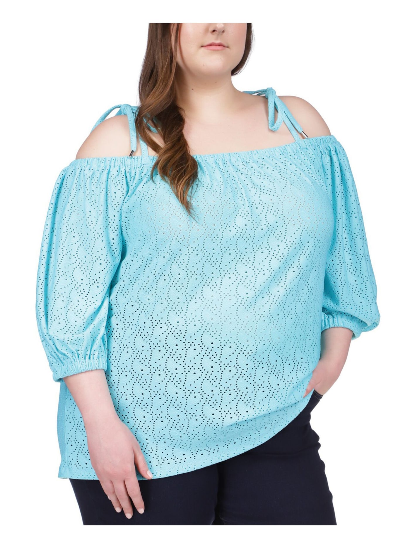 MICHAEL KORS Womens Turquoise Eyelet Sheer Tie Straps 3/4 Sleeve Off Shoulder Top Plus 1X