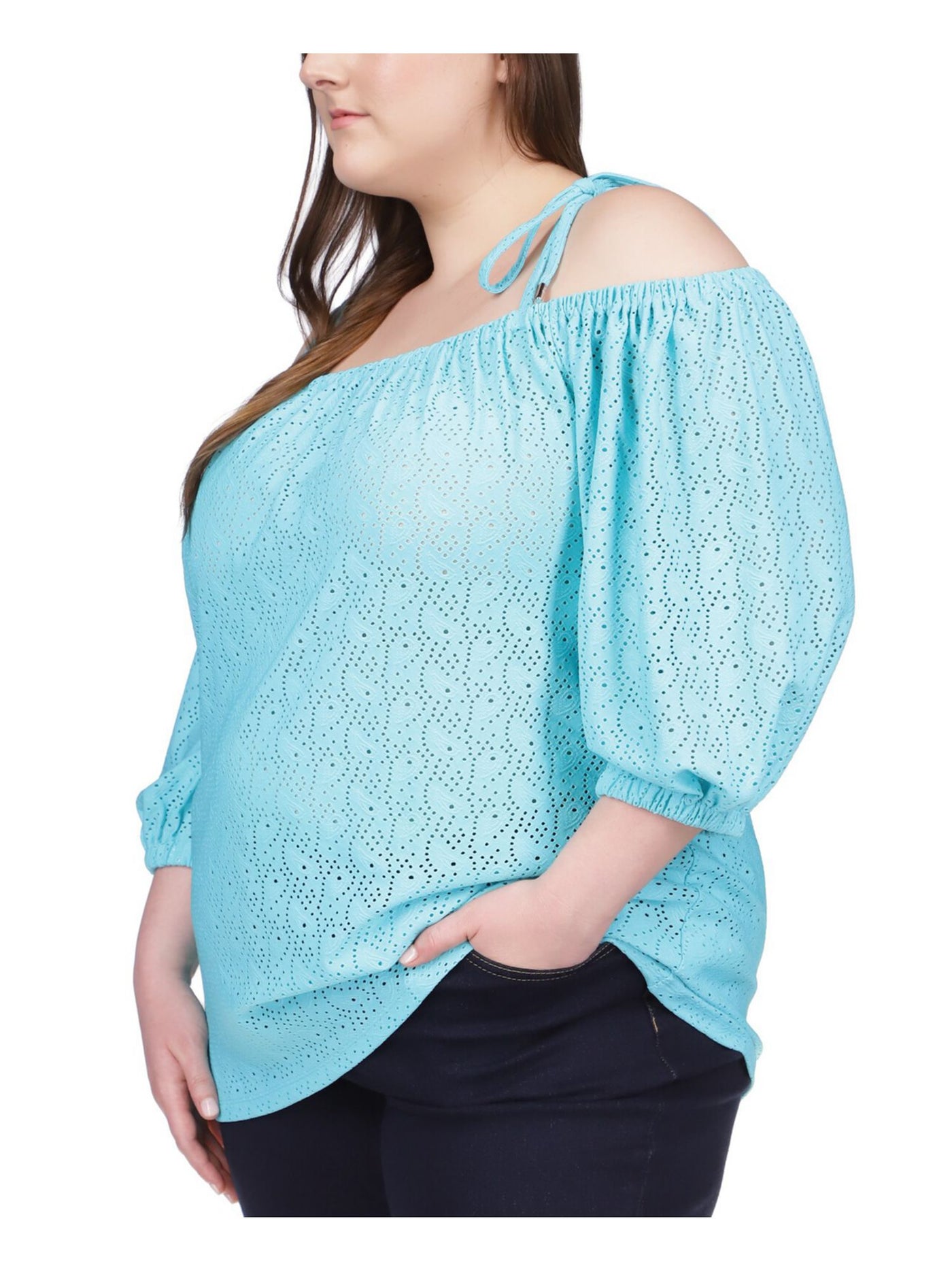 MICHAEL KORS Womens Turquoise Eyelet Sheer Tie Straps 3/4 Sleeve Off Shoulder Top Plus 1X