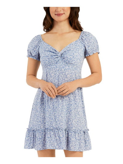 BCX Womens Blue Smocked Twist Front Floral Short Sleeve V Neck Short Fit + Flare Dress Juniors L