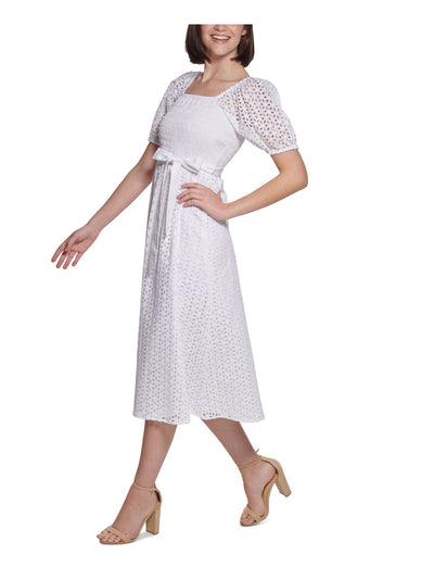 KASPER DRESS Womens White Smocked Eyelet Pullover Tie Waist Pouf Sleeve Square Neck Midi Party Fit + Flare Dress 6