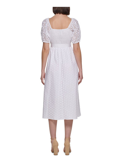 KASPER DRESS Womens White Smocked Eyelet Pullover Tie Waist Pouf Sleeve Square Neck Midi Party Fit + Flare Dress 6