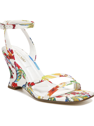 FRANCO SARTO Womens White Floral Padded Adjustable Strap Ankle Strap Franca Square Toe Wedge Buckle Heeled Sandal 7 M