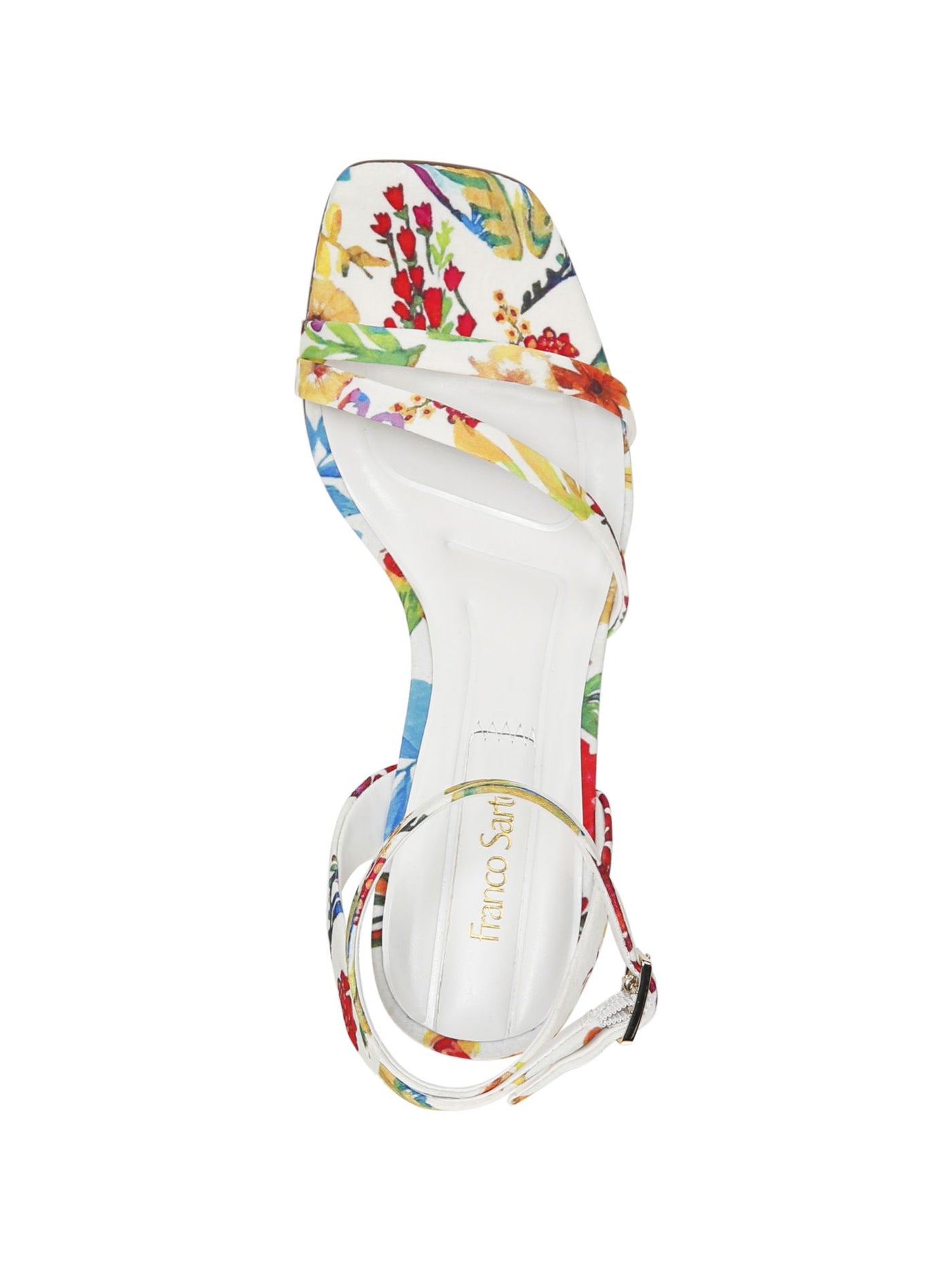 FRANCO SARTO Womens White Floral Padded Adjustable Strap Ankle Strap Franca Square Toe Wedge Buckle Heeled Sandal 7.5 M