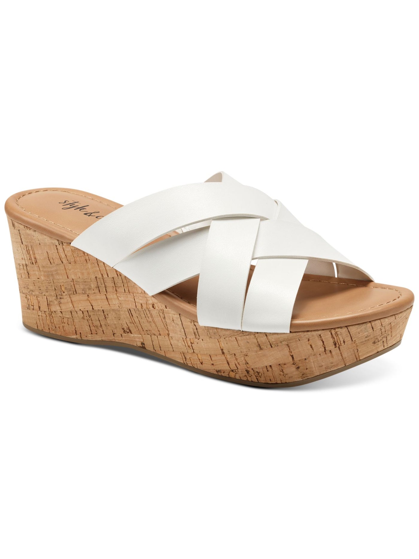 STYLE & COMPANY Womens White Cork-Like 1.5 Platform Cushioned Stretch Woven Violettee Round Toe Wedge Slip On Heeled Sandal 7 M