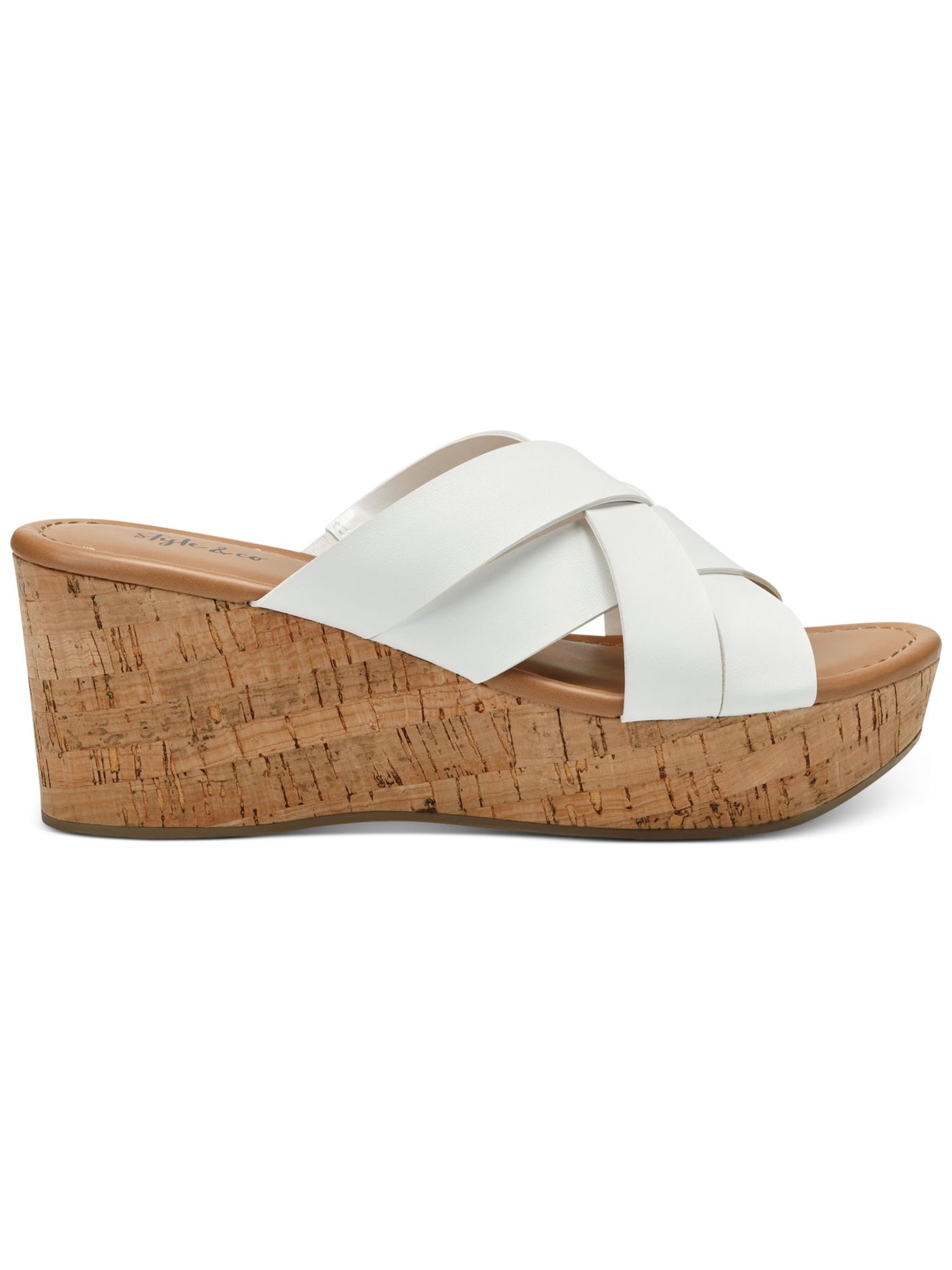 STYLE & COMPANY Womens White Cork-Like 1-1/2" Platform Cushioned Stretch Woven Violettee Round Toe Wedge Slip On Heeled Sandal 9 M