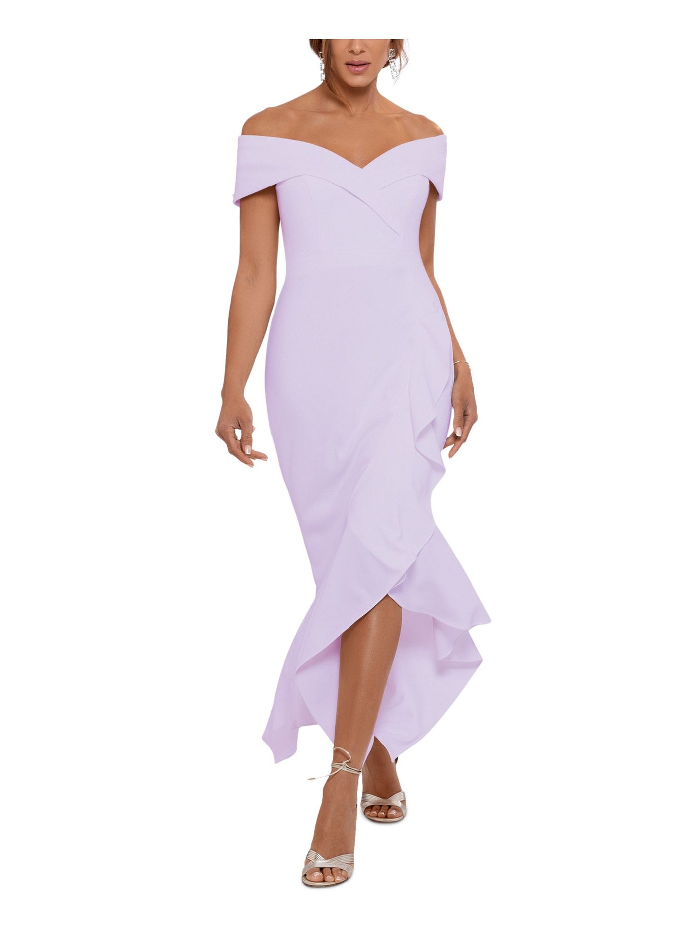XSCAPE Womens Purple Zippered Ruffled Lined Asymmetrical Hem Cap Sleeve Off Shoulder Full-Length Evening Gown Dress Petites 6P