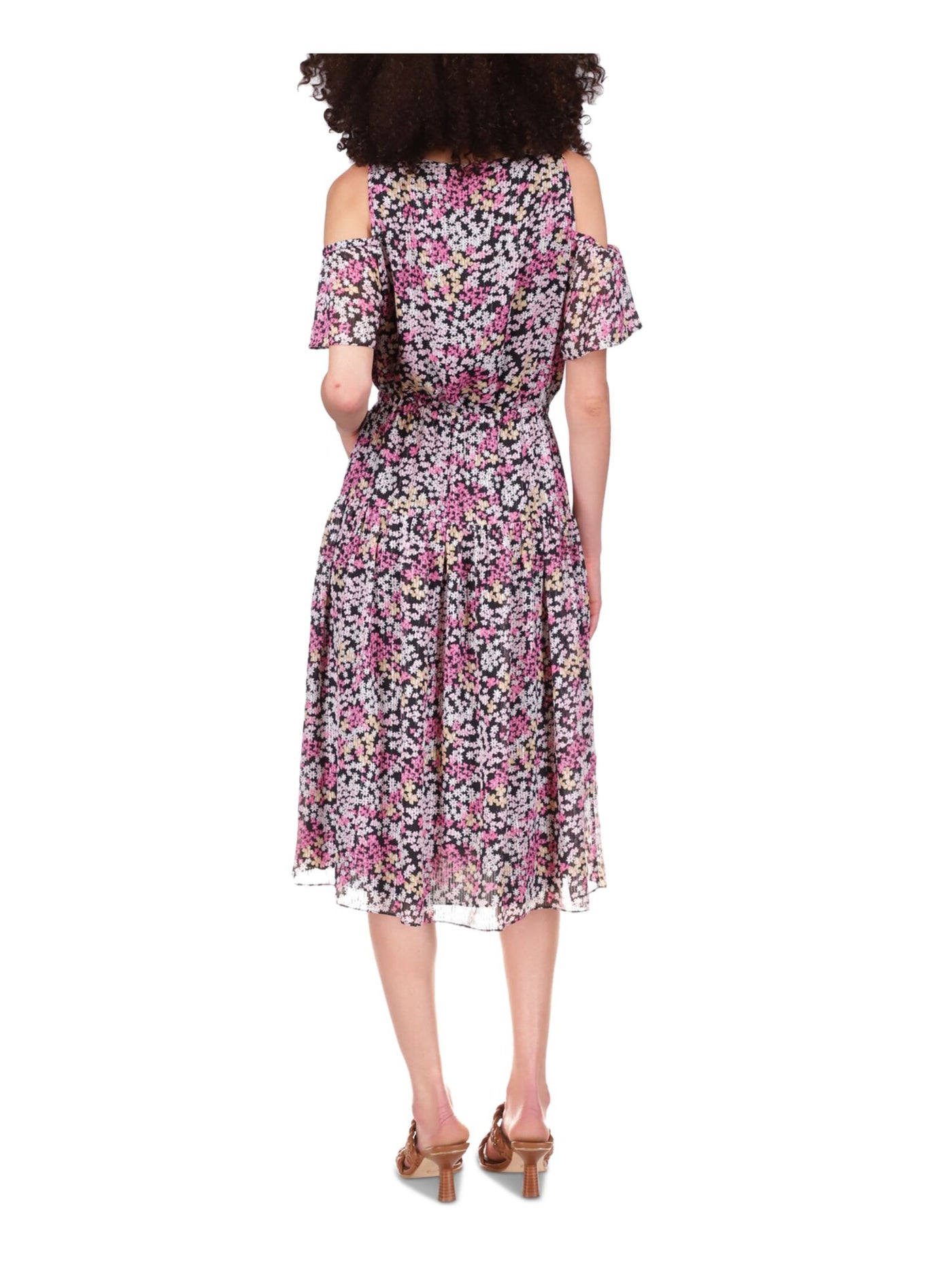 Michael Michael Kors Womens Black Metallic Cold Shoulder Tiered Floral Short Sleeve V Neck Midi Fit + Flare Dress Michael Michael Kors Womens Black Metallic Cold Shoulder Tiered Floral Short Sleeve V Neck Midi Fit + Flare Dress
