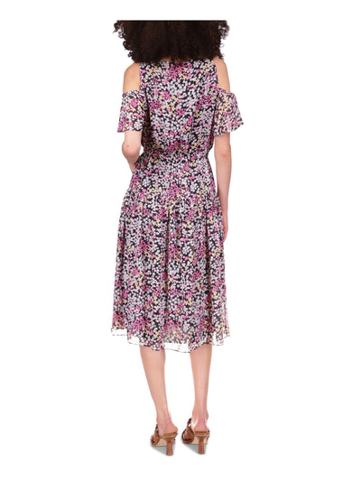 MICHAEL KORS Womens Black Cold Shoulder Elastic Waist Tiered Skirt Lined Short Sleeve Crew Neck Midi Party Fit + Flare Dress L