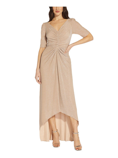 ADRIANNA PAPELL Womens Beige Zippered Ruched Lined Elbow Sleeve V Neck Full-Length Formal Hi-Lo Dress 2
