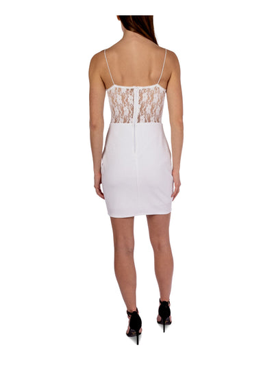 B DARLIN Womens White Zippered Ruched Lace Corset Bodice Tulip Hem Spaghetti Strap Sweetheart Neckline Short Party Body Con Dress 13\14