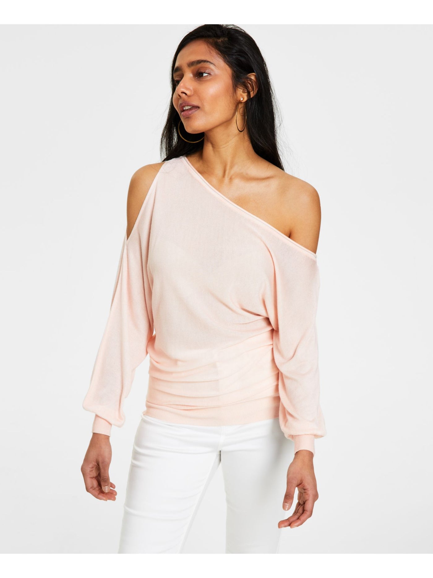 GUESS Womens Pink Cold Shoulder Ribbed Sheer Pullover Unlined Logo Long Sleeve Asymmetrical Neckline Sweater XS
