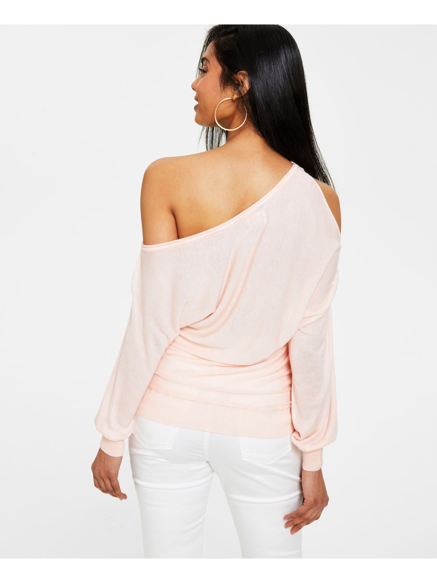 GUESS Womens Pink Cold Shoulder Ribbed Sheer Pullover Unlined Logo Long Sleeve Asymmetrical Neckline Sweater XS
