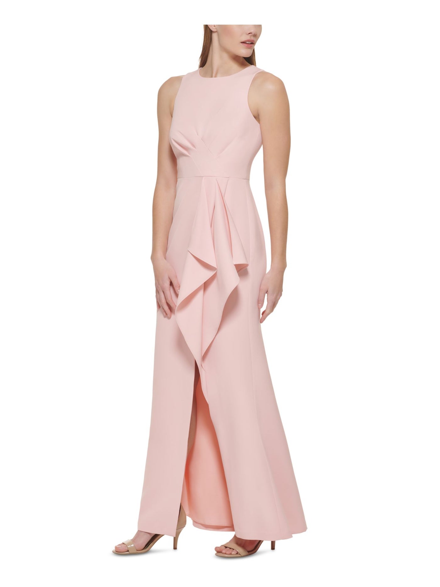ELIZA J Womens Pink Zippered Ruffled Front Slit Lined Sleeveless Jewel Neck Full-Length Formal Gown Dress 4