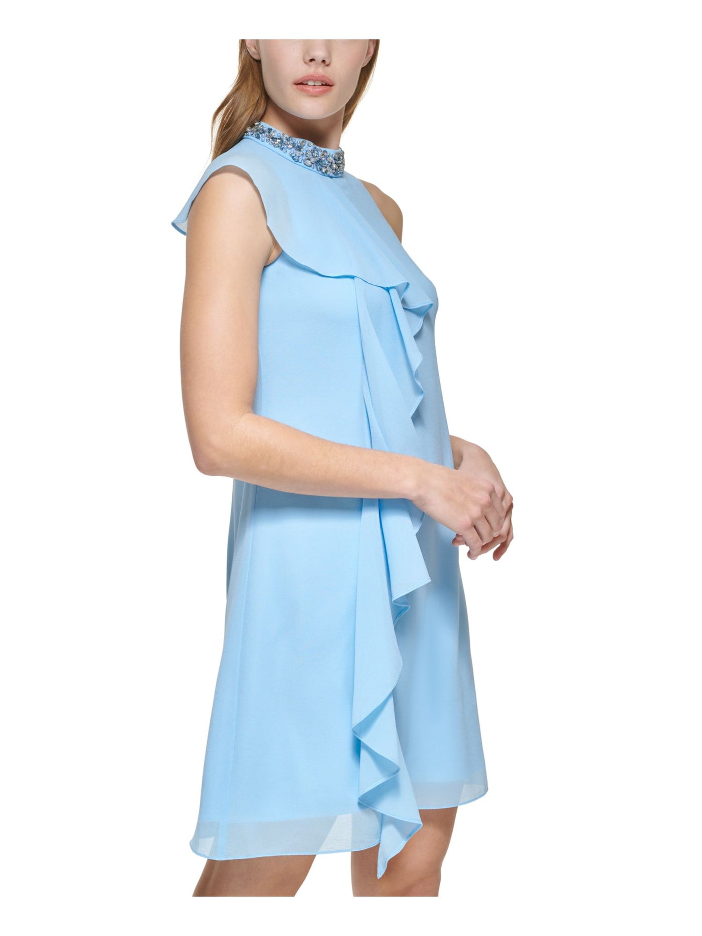 VINCE CAMUTO Womens Light Blue Embellished Zippered Cascading Ruffle Lined Flutter Sleeve Mock Neck Above The Knee Party Sheath Dress Petites 10P