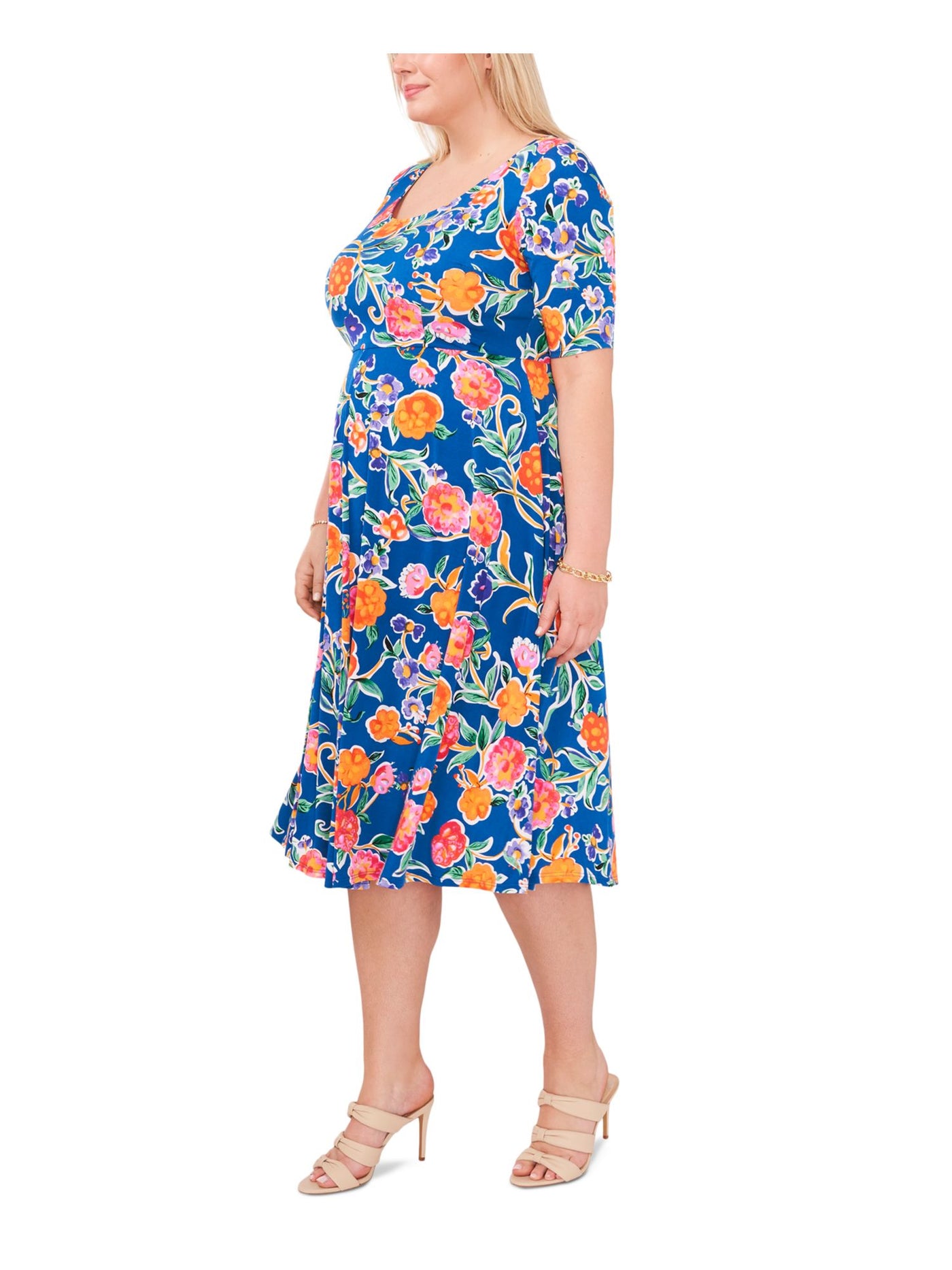 MSK Womens Blue Unlined Floral Short Sleeve Scoop Neck Below The Knee Shift Dress Plus 2X