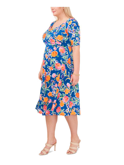 MSK Womens Blue Unlined Floral Short Sleeve Scoop Neck Below The Knee Shift Dress Plus 2X