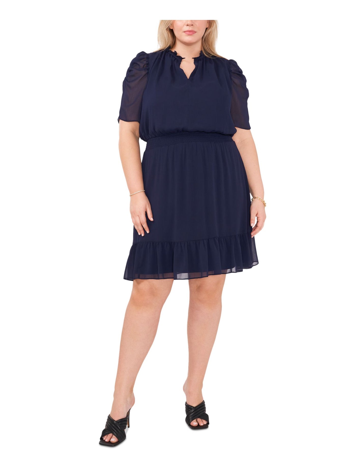 MSK WOMEN Womens Navy Ruched Smocked Ruffled Pullover Pouf Sleeve Split Above The Knee Fit + Flare Dress Plus 2X
