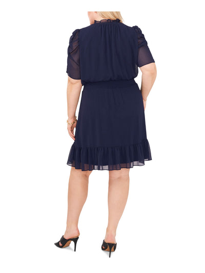 MSK WOMEN Womens Navy Ruched Smocked Ruffled Pullover Pouf Sleeve Split Above The Knee Fit + Flare Dress Plus 1X